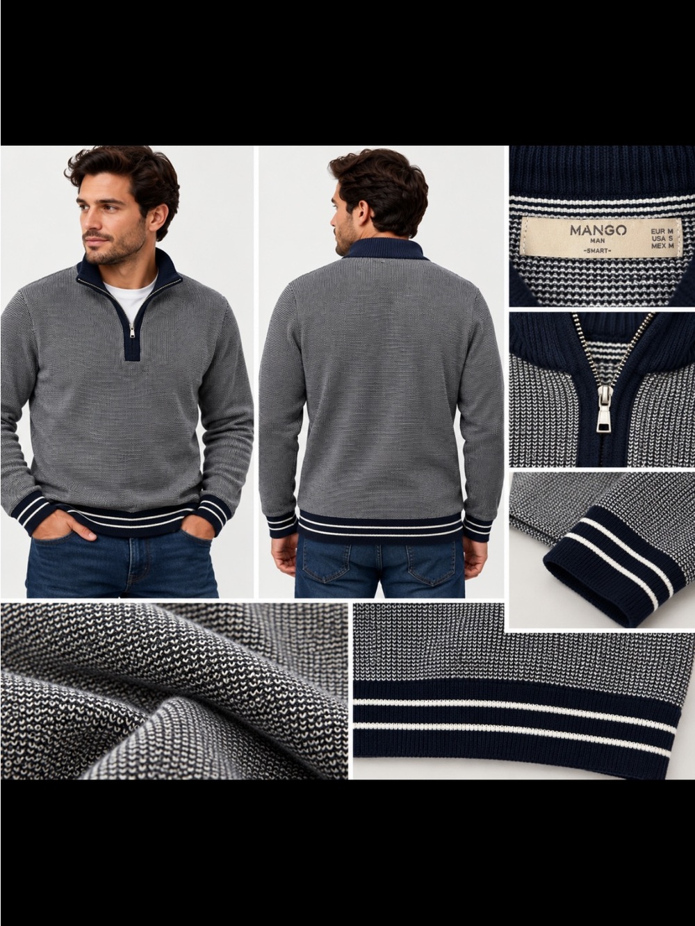 Mango Men's Grey Zip-Neck Sweater with Navy & White Trim